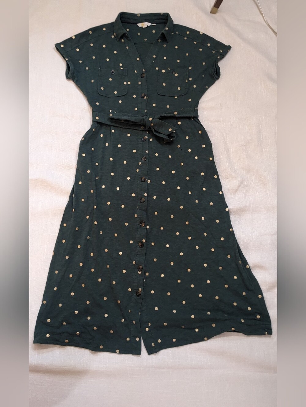 Boden Jersey Shirt Dress Short Sleeves Green with Gold Polka Dots 8L 8T Midi